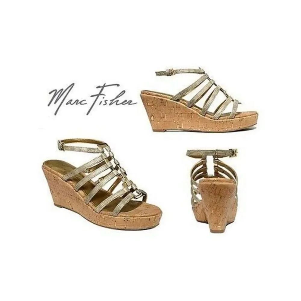 NWT in Box Gorgeous Marc Fisher 8.5 platform wedge gold Strappy high heel shoes